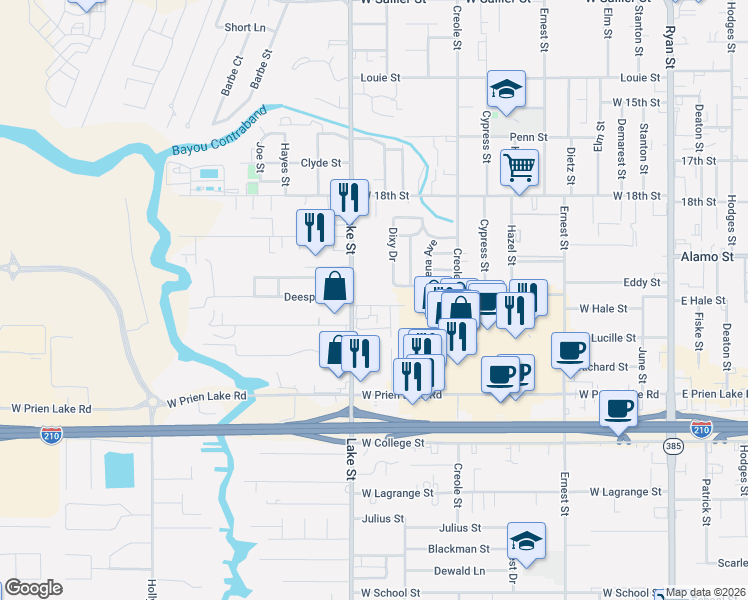 map of restaurants, bars, coffee shops, grocery stores, and more near 3112 Landfair Street in Lake Charles