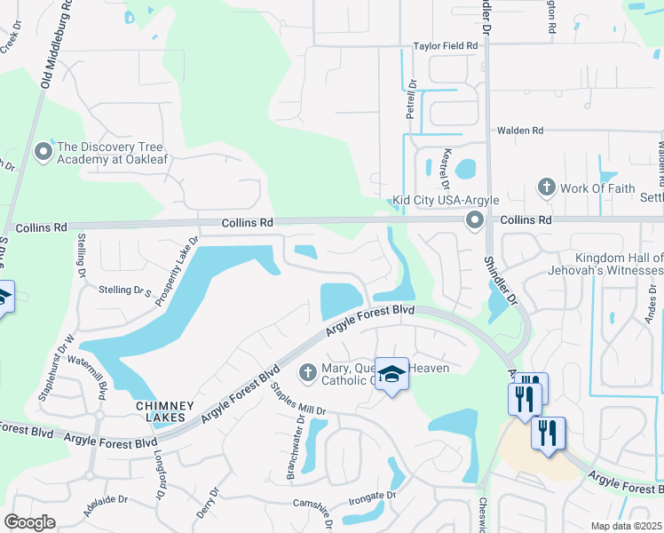 map of restaurants, bars, coffee shops, grocery stores, and more near 9007 Bridgecreek Drive in Jacksonville