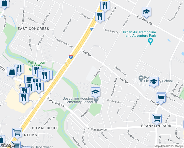 map of restaurants, bars, coffee shops, grocery stores, and more near 5200 Freidrich Lane in Austin