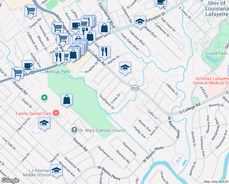 map of restaurants, bars, coffee shops, grocery stores, and more near 110-114 South Southlawn Drive in Lafayette