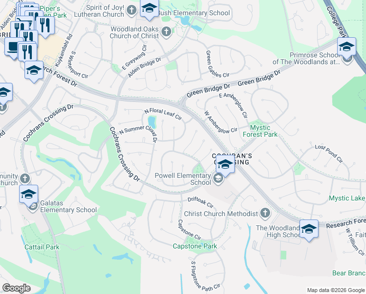 map of restaurants, bars, coffee shops, grocery stores, and more near 51 Pinepath Place in Spring