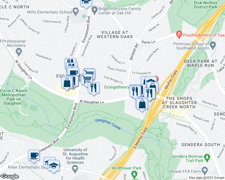 map of restaurants, bars, coffee shops, grocery stores, and more near 9325 Manipari Lane in Austin