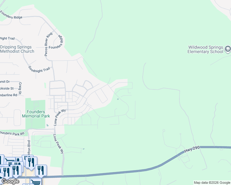 map of restaurants, bars, coffee shops, grocery stores, and more near Cannon Ranch Road in Dripping Springs