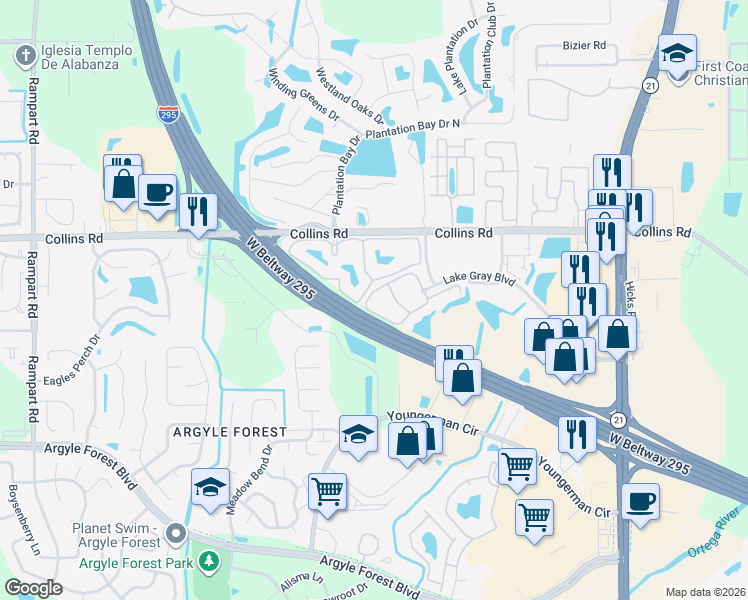 map of restaurants, bars, coffee shops, grocery stores, and more near 6500 Lake Gray Boulevard in Jacksonville