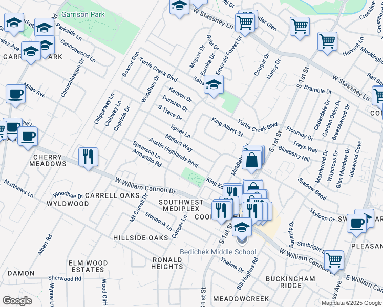 map of restaurants, bars, coffee shops, grocery stores, and more near 1005 Speer Lane in Austin