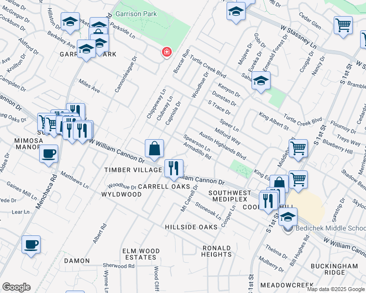 map of restaurants, bars, coffee shops, grocery stores, and more near 1304 Armadillo Road in Austin