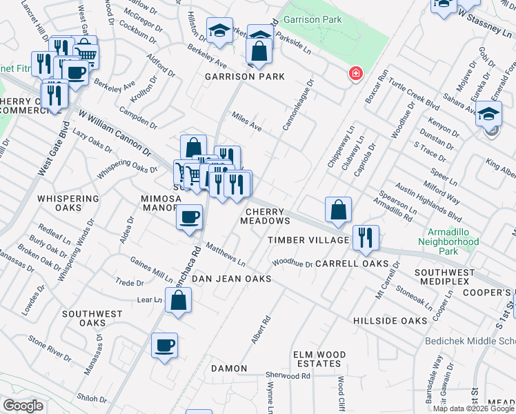 map of restaurants, bars, coffee shops, grocery stores, and more near 1900 West William Cannon Drive in Austin