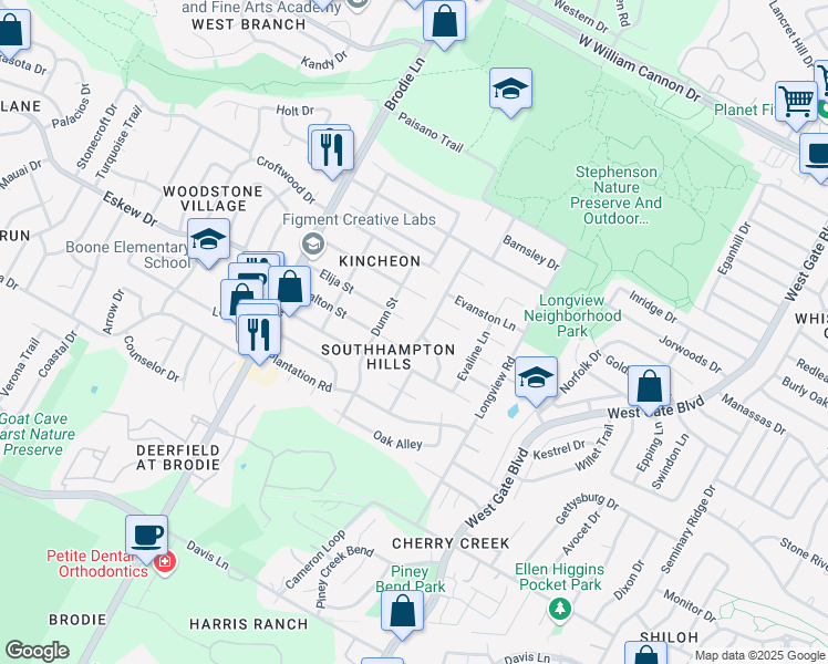 map of restaurants, bars, coffee shops, grocery stores, and more near 3306 Elija Street in Austin