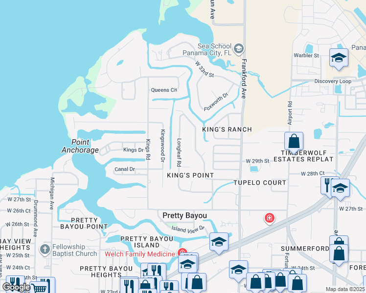 map of restaurants, bars, coffee shops, grocery stores, and more near 2844 Longleaf Road in Panama City
