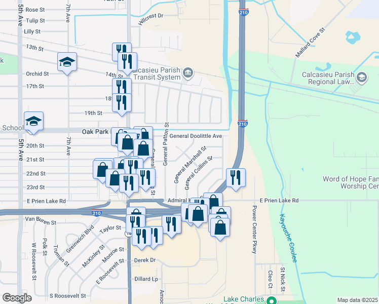 map of restaurants, bars, coffee shops, grocery stores, and more near 2904 General Mitchell St in Lake Charles