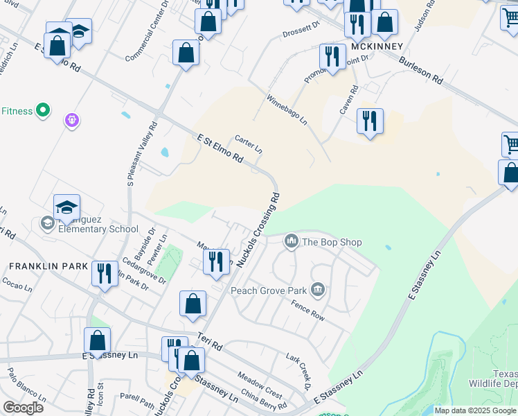 map of restaurants, bars, coffee shops, grocery stores, and more near 4905 East Saint Elmo Road in Austin
