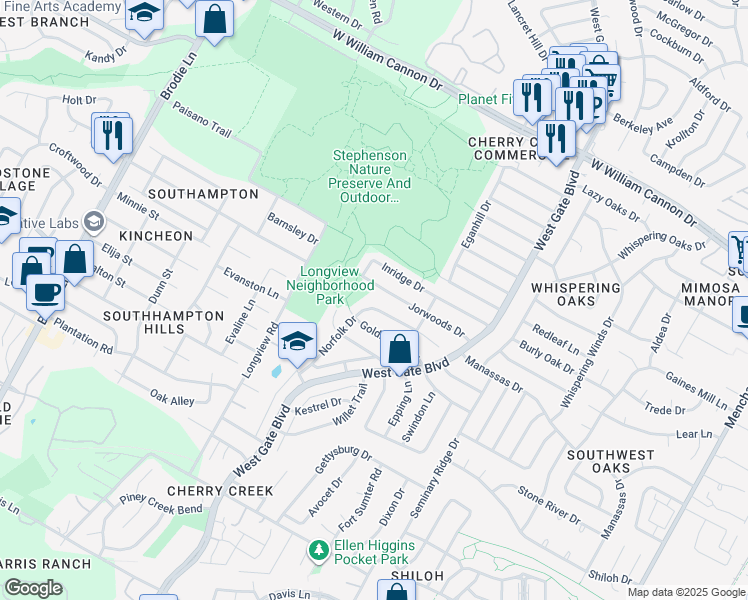 map of restaurants, bars, coffee shops, grocery stores, and more near 2904 Jorwoods Drive in Austin