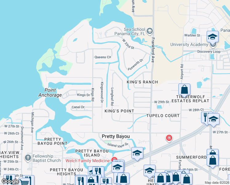 map of restaurants, bars, coffee shops, grocery stores, and more near 2848 Longleaf Road in Panama City