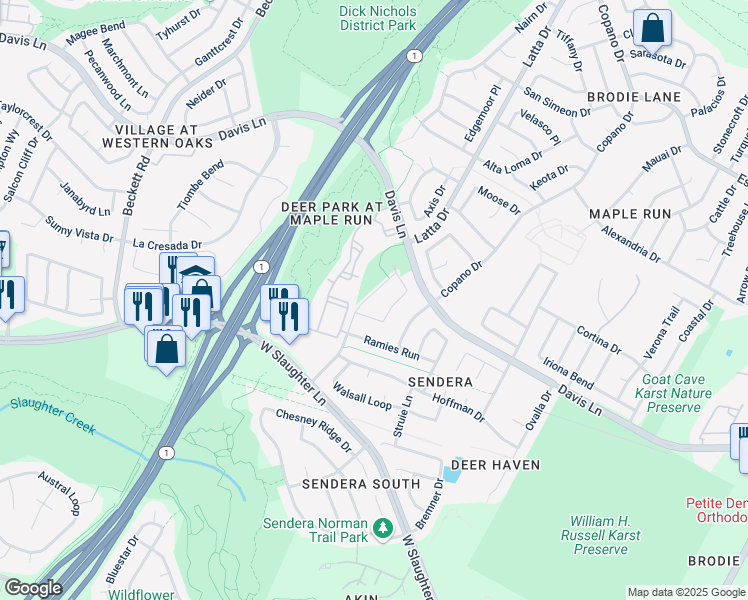 map of restaurants, bars, coffee shops, grocery stores, and more near 8913 Sendera Mesa Drive in Austin