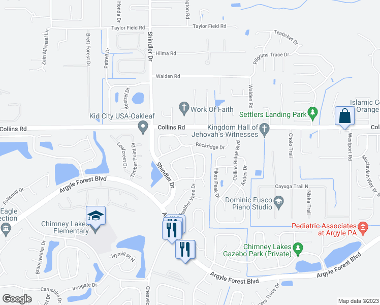 map of restaurants, bars, coffee shops, grocery stores, and more near 8509 Moss Pointe Trail North in Jacksonville