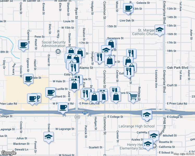 map of restaurants, bars, coffee shops, grocery stores, and more near 3001 Hodges Street in Lake Charles