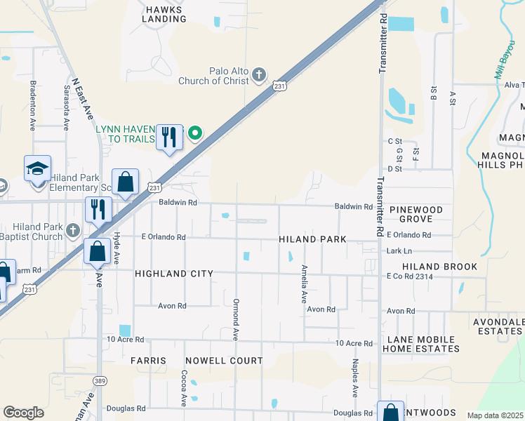map of restaurants, bars, coffee shops, grocery stores, and more near 3120 East Baldwin Road in Panama City
