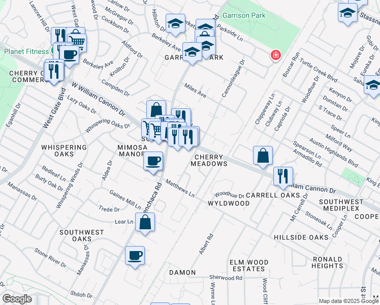 map of restaurants, bars, coffee shops, grocery stores, and more near 1901 W East William Cannon Drive in Austin