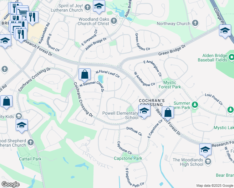 map of restaurants, bars, coffee shops, grocery stores, and more near 23 Wingspan Drive in Spring