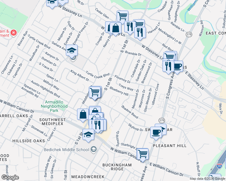 map of restaurants, bars, coffee shops, grocery stores, and more near 509 Blueberry Hill in Austin