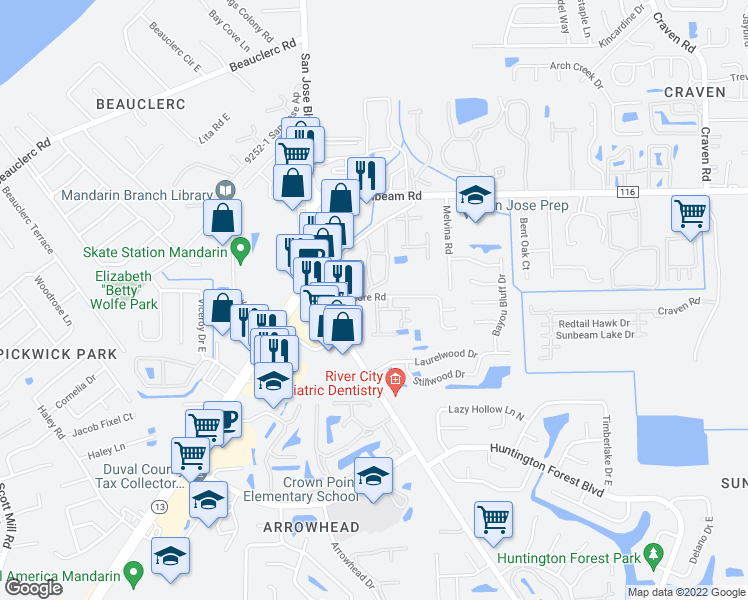 map of restaurants, bars, coffee shops, grocery stores, and more near 10926 Steeding Horse Drive in Jacksonville