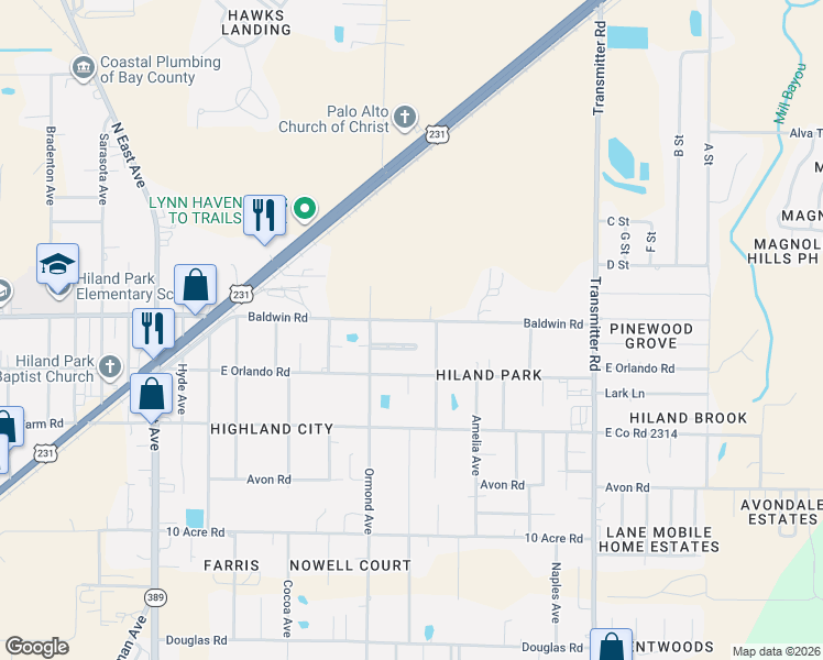 map of restaurants, bars, coffee shops, grocery stores, and more near 3120 East Baldwin Road in Panama City