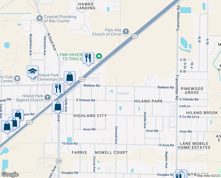 map of restaurants, bars, coffee shops, grocery stores, and more near 3034 East Baldwin Road in Panama City