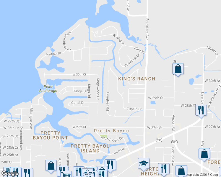 map of restaurants, bars, coffee shops, grocery stores, and more near 2848 Longleaf Road in Panama City