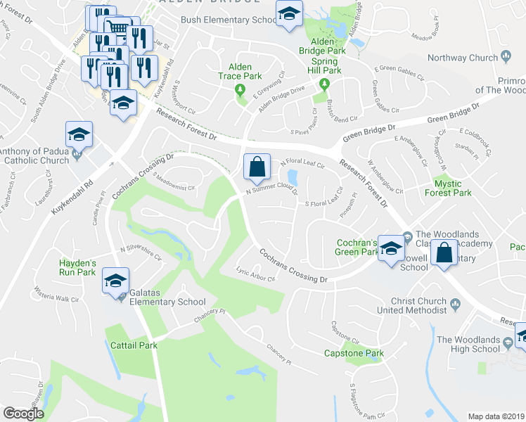 map of restaurants, bars, coffee shops, grocery stores, and more near 43 Indian Summer Place in Spring