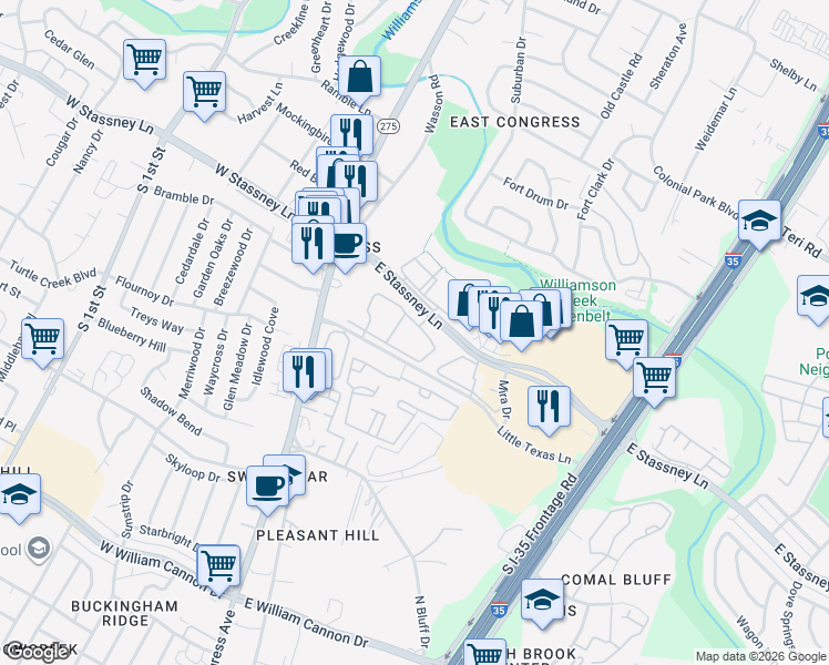 map of restaurants, bars, coffee shops, grocery stores, and more near 505 East Stassney Lane in Austin