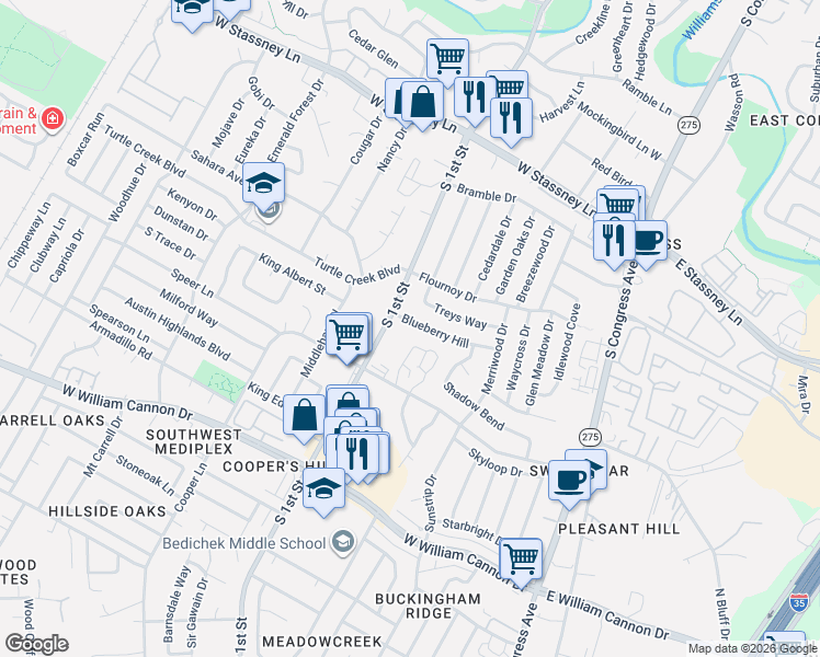 map of restaurants, bars, coffee shops, grocery stores, and more near 607 Treys Way in Austin