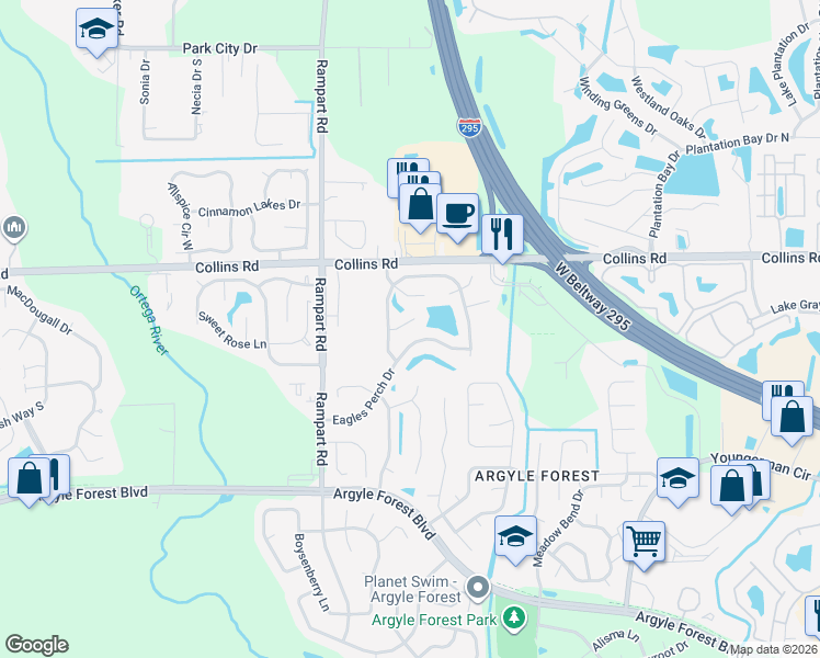 map of restaurants, bars, coffee shops, grocery stores, and more near 7108 Swamp Flower Lane in Jacksonville