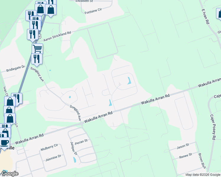 map of restaurants, bars, coffee shops, grocery stores, and more near 18 Arbor View Drive in Crawfordville