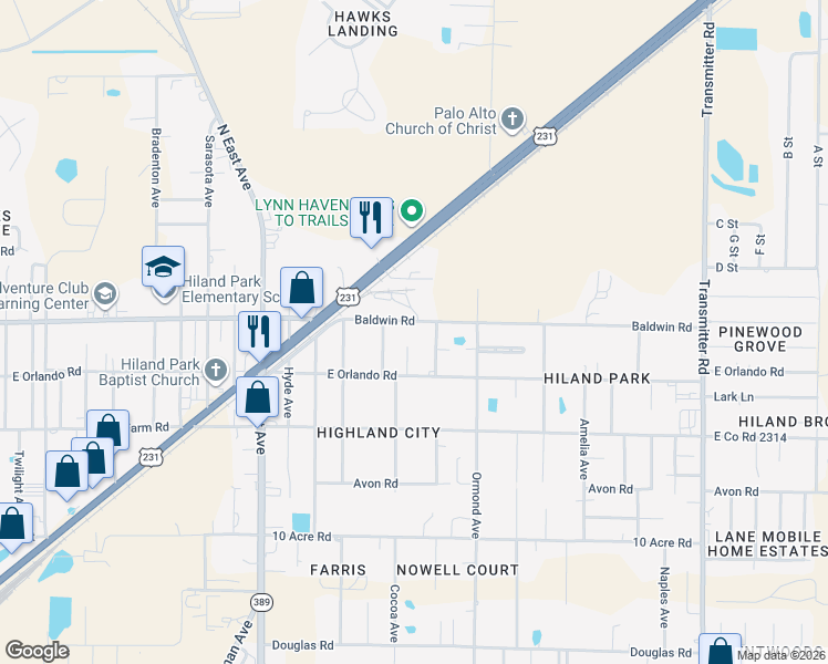map of restaurants, bars, coffee shops, grocery stores, and more near 2969-3021 East Baldwin Road in Panama City