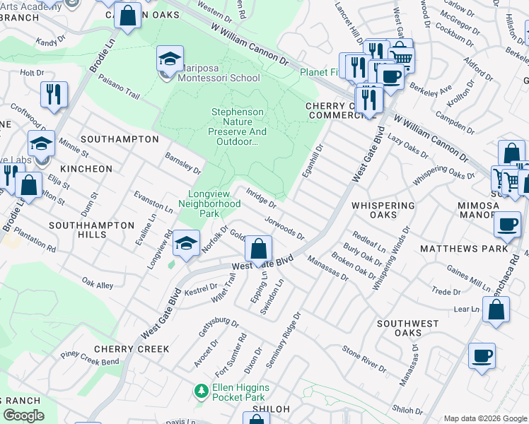 map of restaurants, bars, coffee shops, grocery stores, and more near 2808 Inridge Drive in Austin