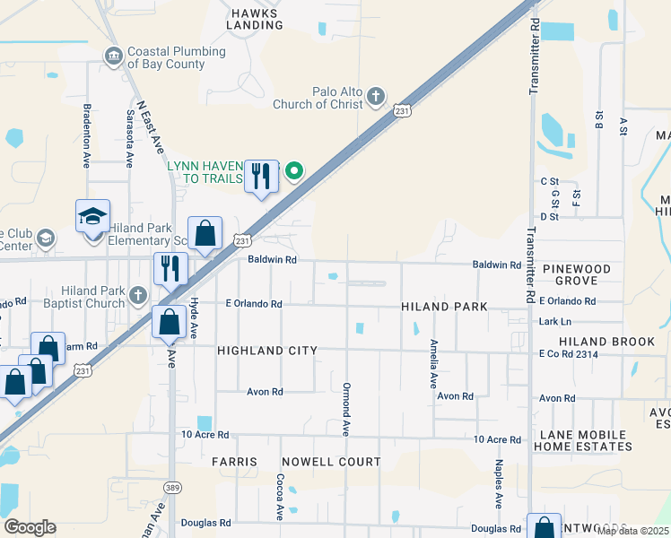 map of restaurants, bars, coffee shops, grocery stores, and more near 3034 East Baldwin Road in Panama City