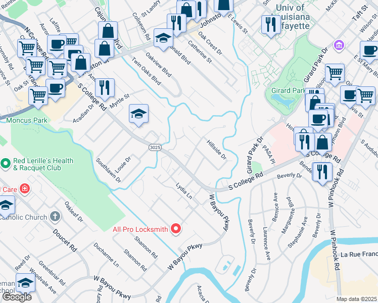 map of restaurants, bars, coffee shops, grocery stores, and more near 915 South College Road in Lafayette