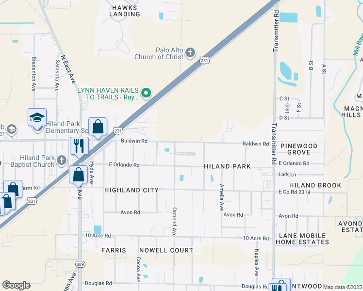 map of restaurants, bars, coffee shops, grocery stores, and more near 3120 East Baldwin Road in Panama City