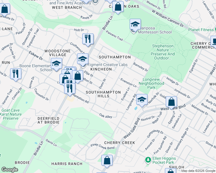 map of restaurants, bars, coffee shops, grocery stores, and more near 3306 Elija Street in Austin