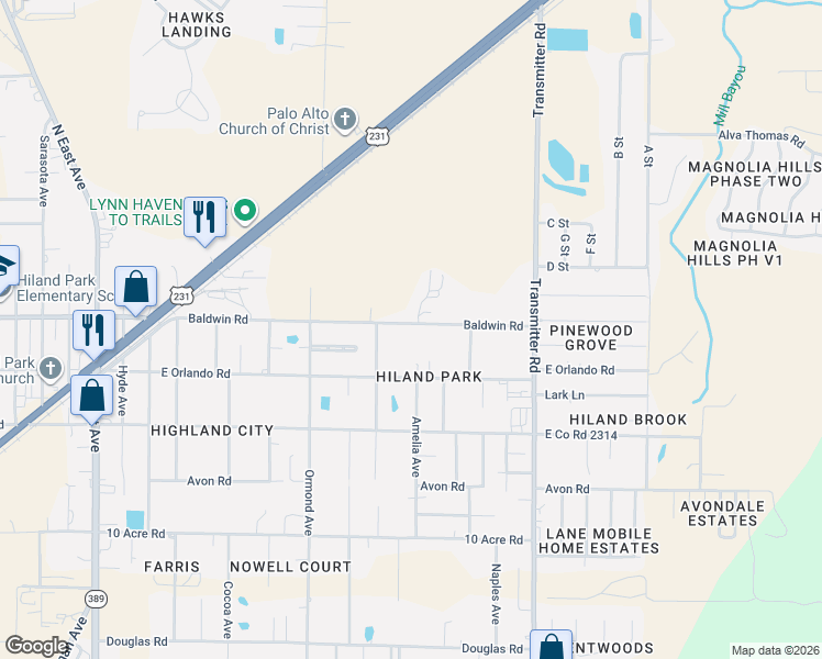 map of restaurants, bars, coffee shops, grocery stores, and more near 3236 East Baldwin Road in Panama City