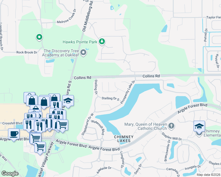 map of restaurants, bars, coffee shops, grocery stores, and more near 8061 Welbeck Lane in Jacksonville