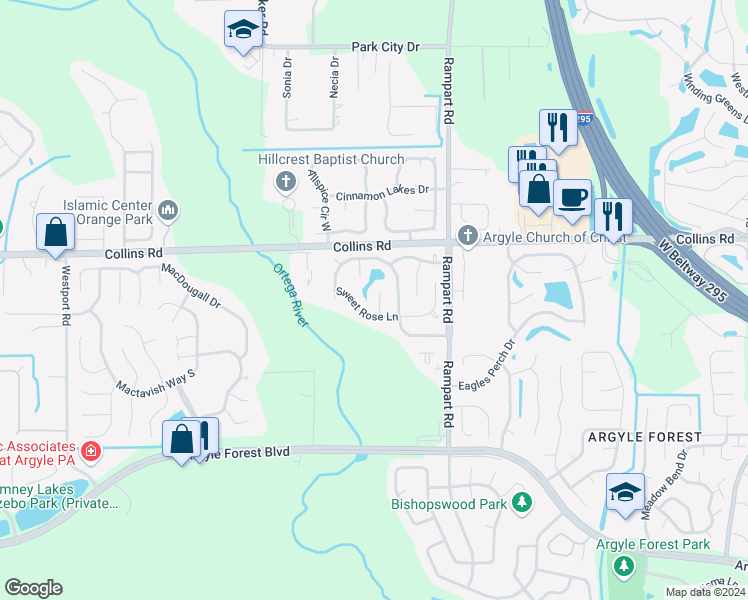 map of restaurants, bars, coffee shops, grocery stores, and more near 7964 Evening Flower Lane in Jacksonville