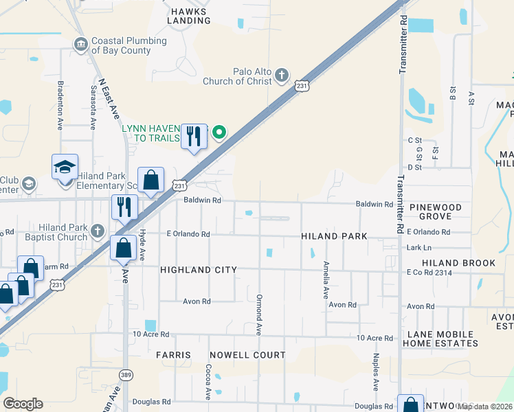 map of restaurants, bars, coffee shops, grocery stores, and more near 3034 East Baldwin Road in Panama City