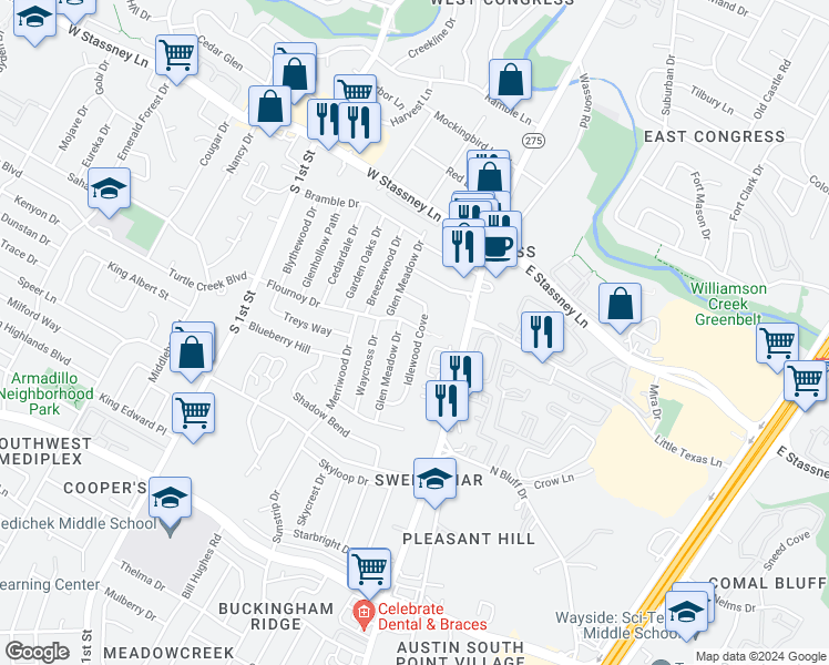 map of restaurants, bars, coffee shops, grocery stores, and more near 208 Flournoy Drive in Austin