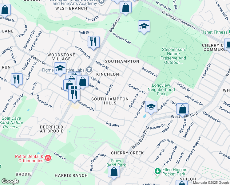 map of restaurants, bars, coffee shops, grocery stores, and more near 3306 Elija Street in Austin