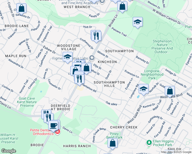 map of restaurants, bars, coffee shops, grocery stores, and more near 3413 Dalton Street in Austin