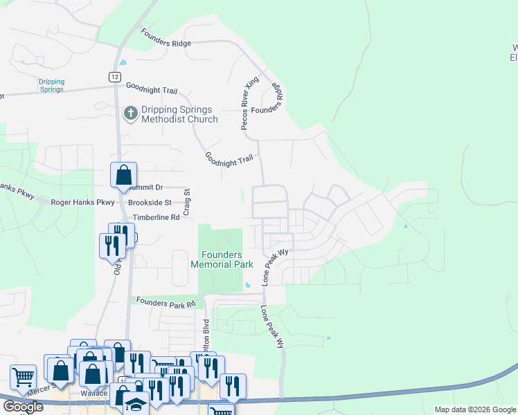 map of restaurants, bars, coffee shops, grocery stores, and more near 443 Sawtooth Mountain Way in Dripping Springs