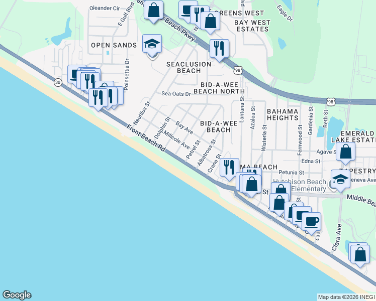 map of restaurants, bars, coffee shops, grocery stores, and more near 13903 Millcole Avenue in Panama City Beach