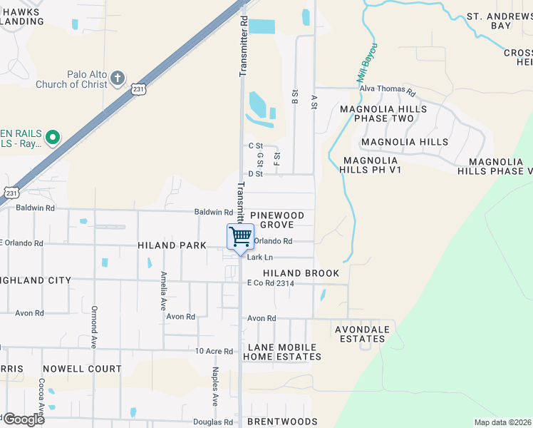 map of restaurants, bars, coffee shops, grocery stores, and more near 3523 East Baldwin Road in Panama City