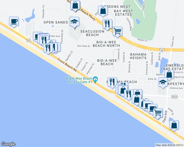 map of restaurants, bars, coffee shops, grocery stores, and more near 13903 Millcole Avenue in Panama City Beach